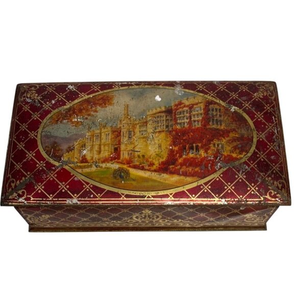 Vintage McVitie & Price Edinburgh Tin Box Haddon Hall Illustration Hinged Red - Picture 1 of 10
